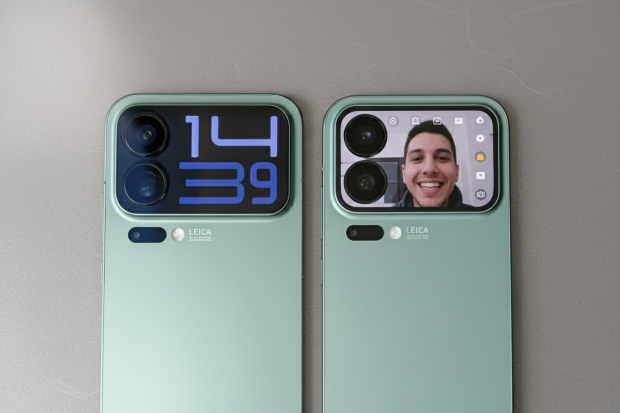 Dois Xiaomi 17 verdes. O da esquerda exibe um relógio digital. O da direita exibe a tela do aplicativo da câmera Xiaomi, mostrando uma selfie de um homem sorridente e os ícones da interface da câmera