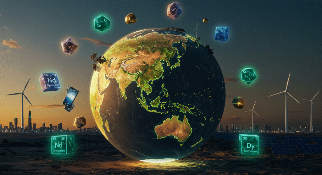 Globo terrestre com veios luminosos de terras raras conectando China, EUA e Austrália. Ícones de smartphone, turbina eólica e bateria de carro elétrico emergem do planeta, simbolizando aplicações tecnológicas. Engrenagem dourada sobre a China representa domínio geopolítico. Elementos químicos como Neodímio (Nd) e Térbio (Tb) flutuam ao redor, ilustrando valor e raridade. Estilo futurista com cores verde, azul e dourado.