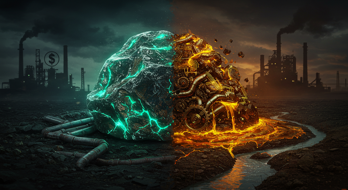 Ilustração conceitual que representa os três principais desafios da exploração de terras raras: a complexidade tecnológica (simbolizada por engrenagens e circuitos integrados), o impacto ambiental (representado por resíduos tóxicos e poluição do solo) e a enorme barreira econômica (indicada por um cifrão gigante sobre uma refinaria industrial). A imagem tem um tom sério e dramático, focando em um pedaço de minério bruto com veios verdes e turquesa no centro.
