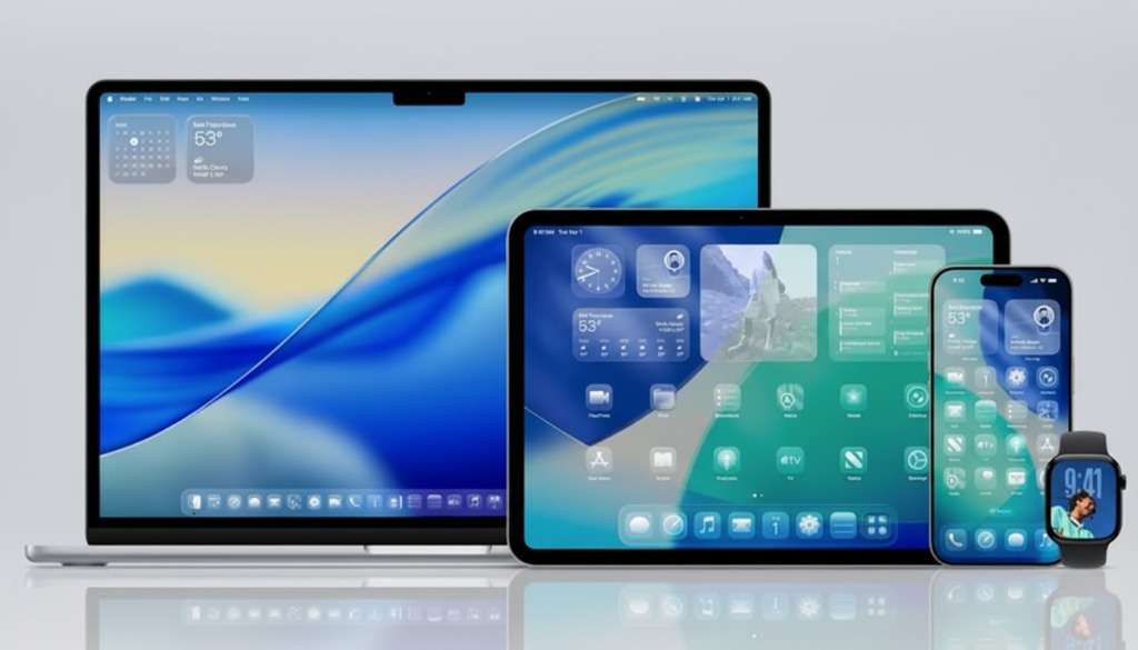 Dispositivos Apple, incluindo um MacBook Pro, um iPad, um iPhone e um Apple Watch, todos exibindo telas com interfaces do Liquid Glass do IOS 26