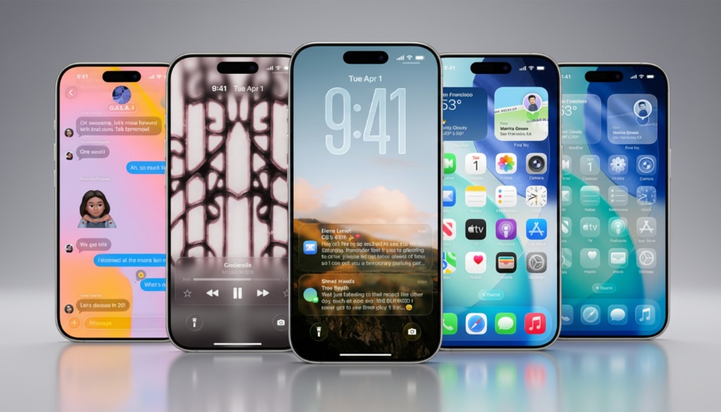 Cinco iPhones 17 em um fundo cinza. O celular central exibe a tela de bloqueio com notificações, enquanto os outros mostram a tela inicial e um player de música, exibindo o novo design Liquid Glass do IOS 26.