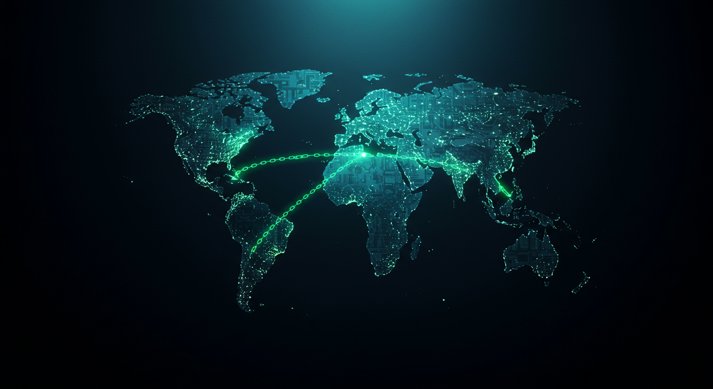 Mapa-múndi estilizado simbolizando o poder geopolítico das terras raras. A China é representada como um emaranhado de circuitos e microchips que brilham em verde-neon e turquesa, de onde se irradiam redes de luz e cadeias que conectam e envolvem os outros continentes, ilustrando sua dominância tecnológica e a dependência global de seu suprimento.