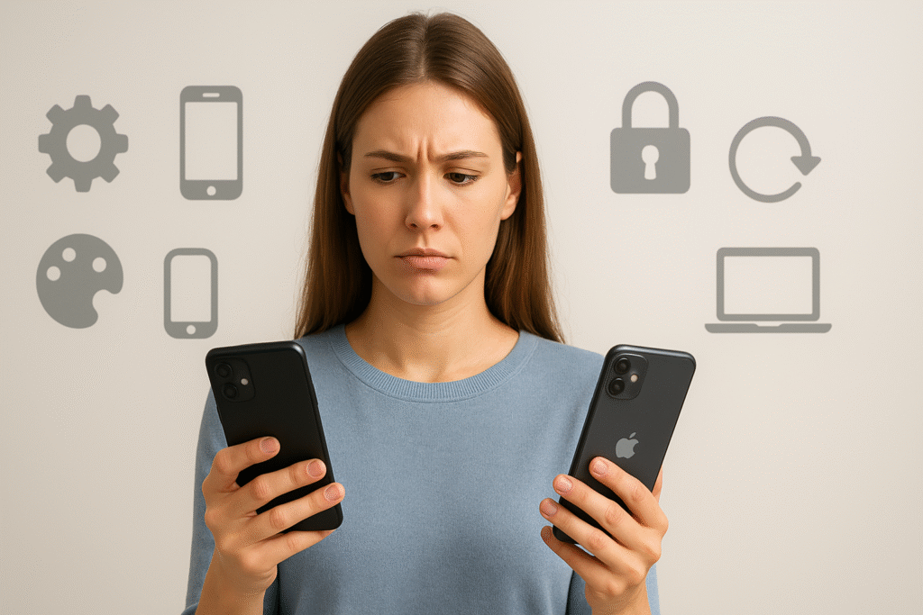 Mulher jovem segurando dois smartphones, um Android e um iPhone, olhando para eles com expressão pensativa. Ao fundo, ícones representam as características de cada sistema: engrenagem, paleta de cores e variedade de modelos para Android; cadeado, atualização e notebook para iOS. O cenário é claro, moderno e equilibrado, transmitindo análise de escolha.