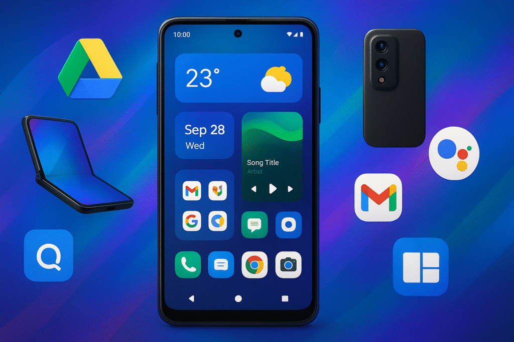 Smartphone Android exibindo tela inicial personalizada com widgets de clima, calendário e música, rodeado por ícones do Google (Drive, Gmail, Fotos e Assistente), além de aparelhos dobráveis e modelos com câmera potente. Fundo moderno em azul e roxo, destacando a flexibilidade, personalização e diversidade do sistema Android.