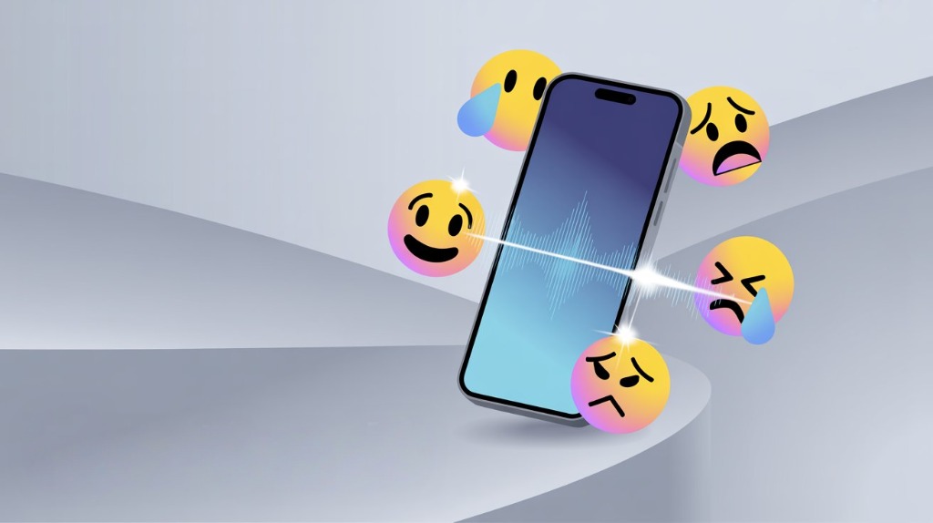 Smartphone com emojis representando diferentes emoções flutuando ao redor, ilustrando como o celular consegue identificar o estado emocional do usuário.