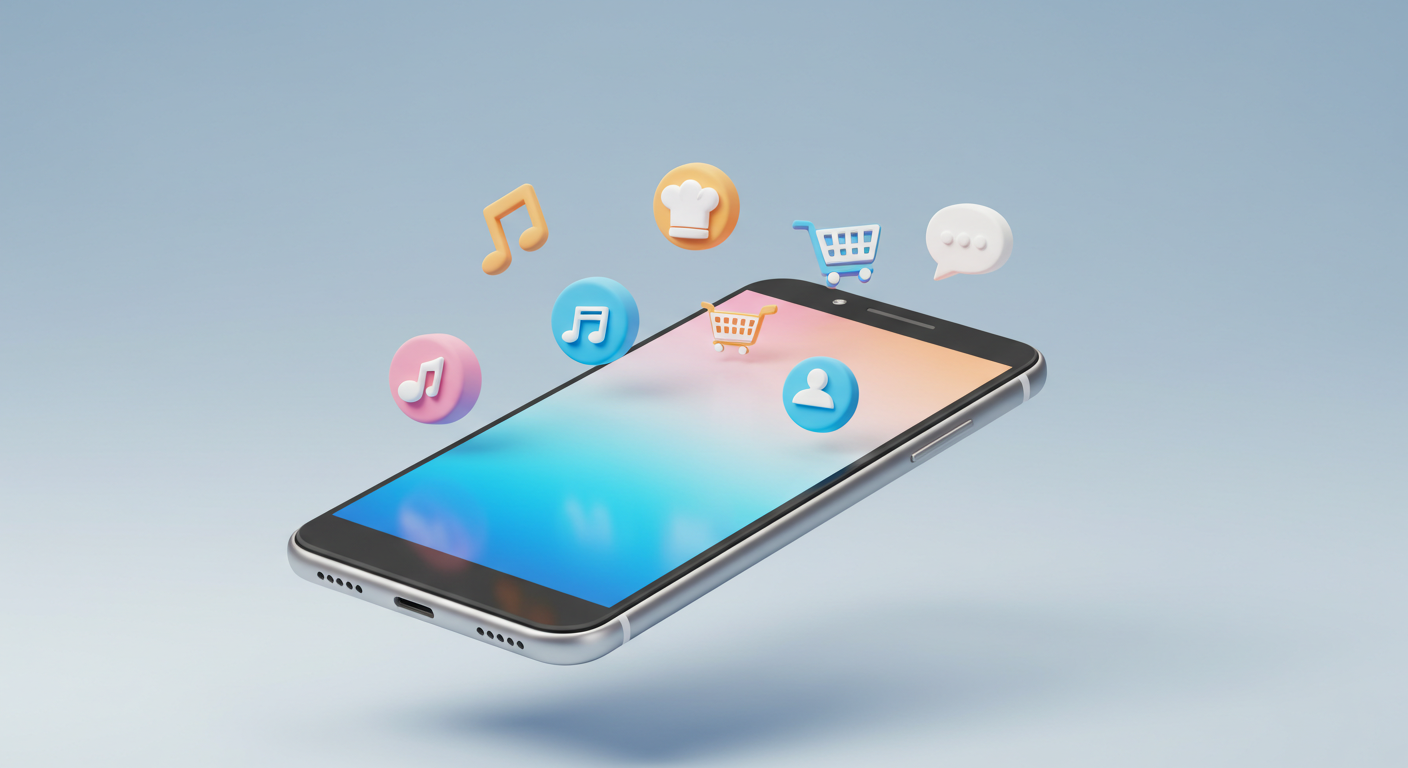 Smartphone com ícones de música, viagens, culinária, compras e redes sociais flutuando ao redor em fundo claro.