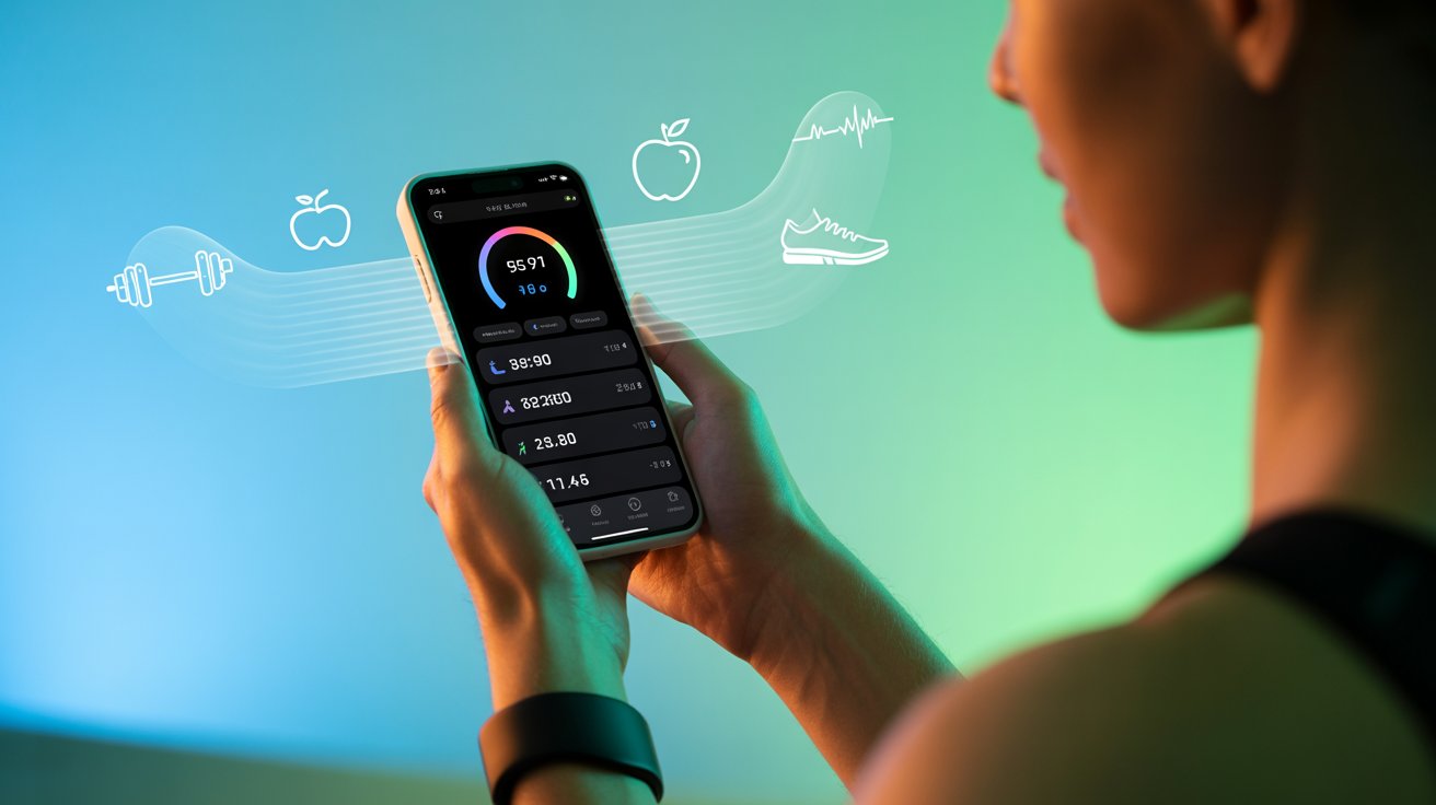 Smartphone exibindo gráficos de saúde com batimentos cardíacos, passos, calorias e hidratação, cercado por ícones de bem-estar e atividade física