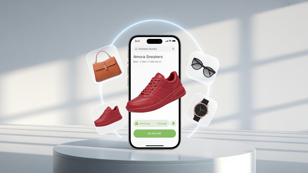 Smartphone mostrando sugestões de compra com ícones de produtos flutuando ao redor, ilustrando como o celular prevê o que o usuário vai comprar antes mesmo da decisão.