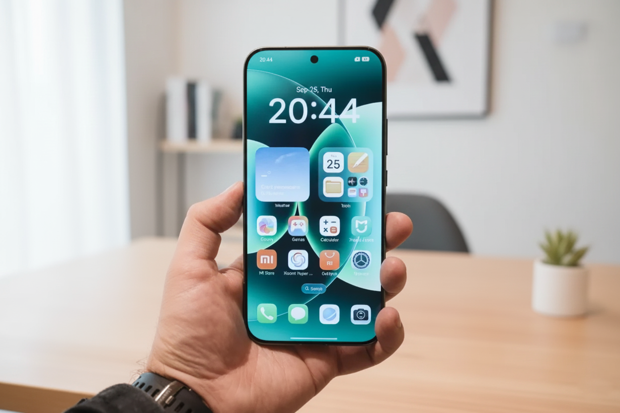 Mão segurando um Xiaomi 17 com a tela inicial visível.