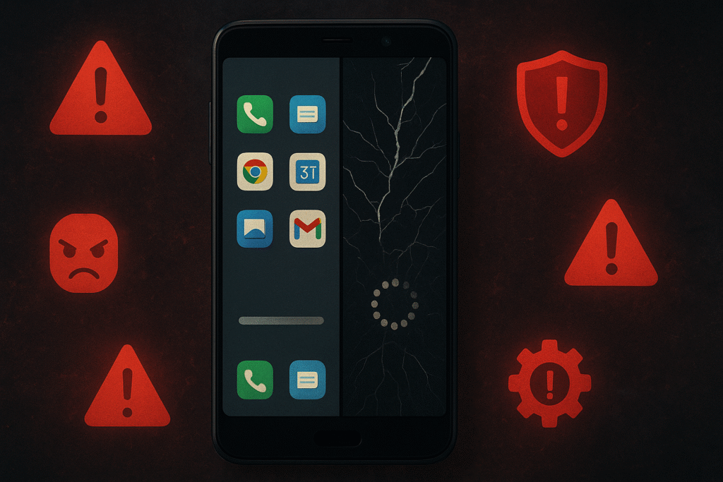 Um smartphone Android ao centro com a tela dividida de um lado, ícones de aplicativos antigos e uma barra de atualização parada; do outro, rachaduras digitais e sinal de travamento. Ao redor, símbolos vermelhos de alerta sugerindo problemas de segurança, lentidão e falhas de desempenho.