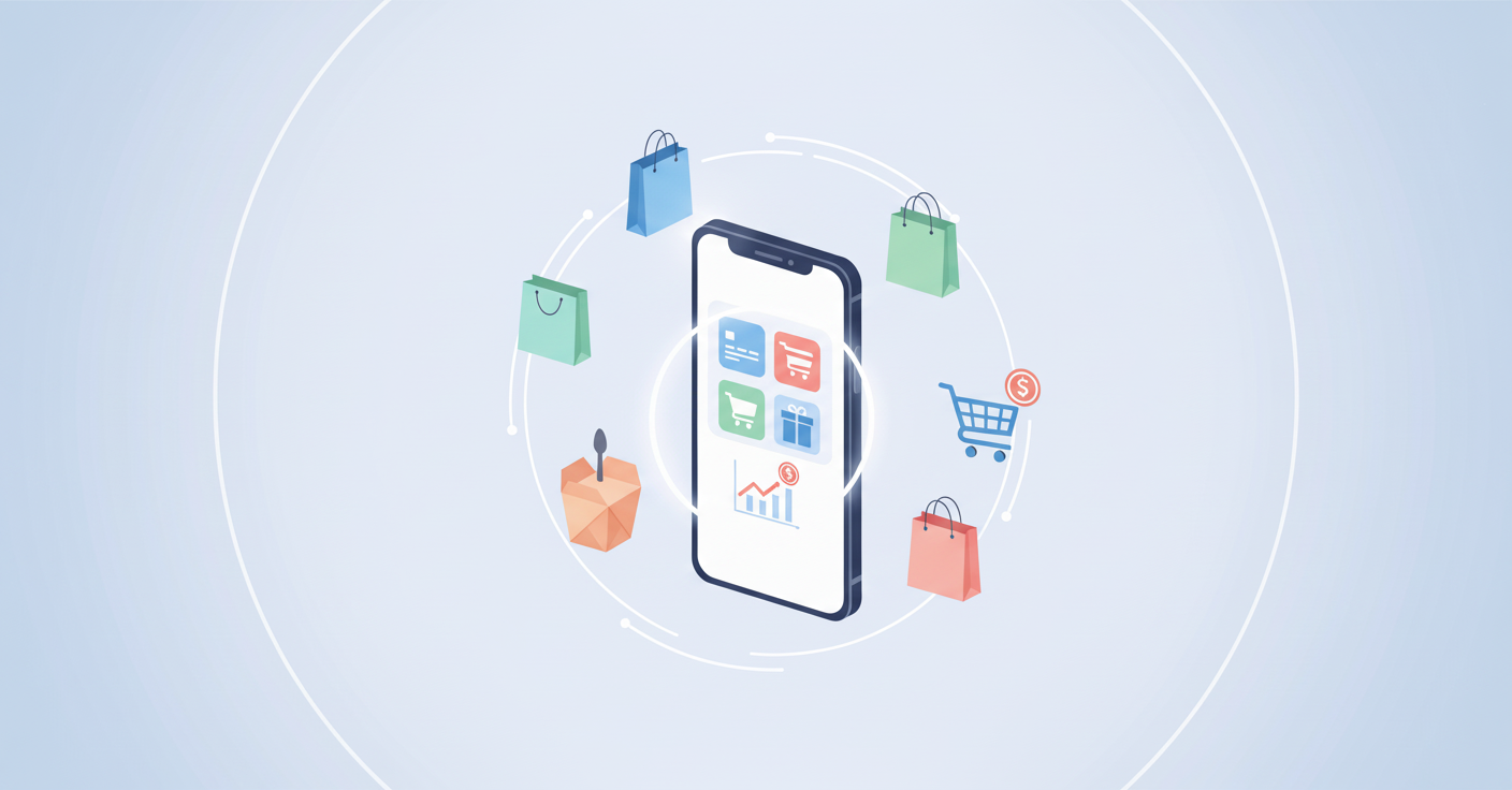 Um smartphone com vários ícones de compras ao redor. O telefone exibe aplicativos de e-commerce e um gráfico financeiro. O fundo é um gradiente suave de azul claro para branco, com linhas circulares finas e pontos que implicam conectividade ou fluxo de dados.