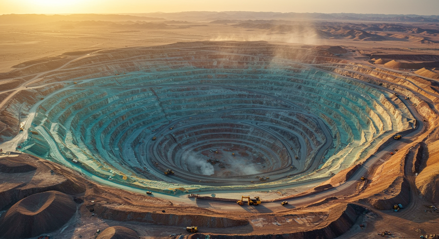Vista aérea de mina de terras raras na China, com grande operação de mineração com caminhões e máquinas pesadas.