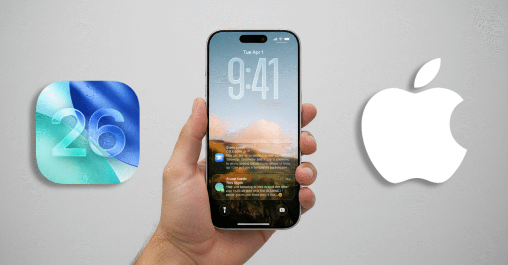 Um iPhone 17 em uma mão, com um logotipo do iOS 26 à esquerda e um logotipo da Apple à direita.