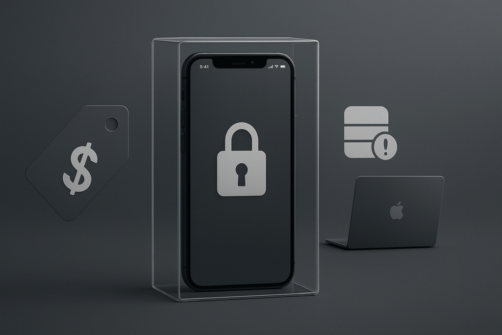 iPhone dentro de uma caixa transparente, com um ícone de cadeado na tela. Ao lado, aparecem símbolos representando pontos negativos: uma etiqueta com cifrão simbolizando preço alto, um ícone de armazenamento cheio e um MacBook sugerindo dependência do ecossistema Apple. O fundo é escuro e minimalista, transmitindo sensação de limitação e exclusividade cara.