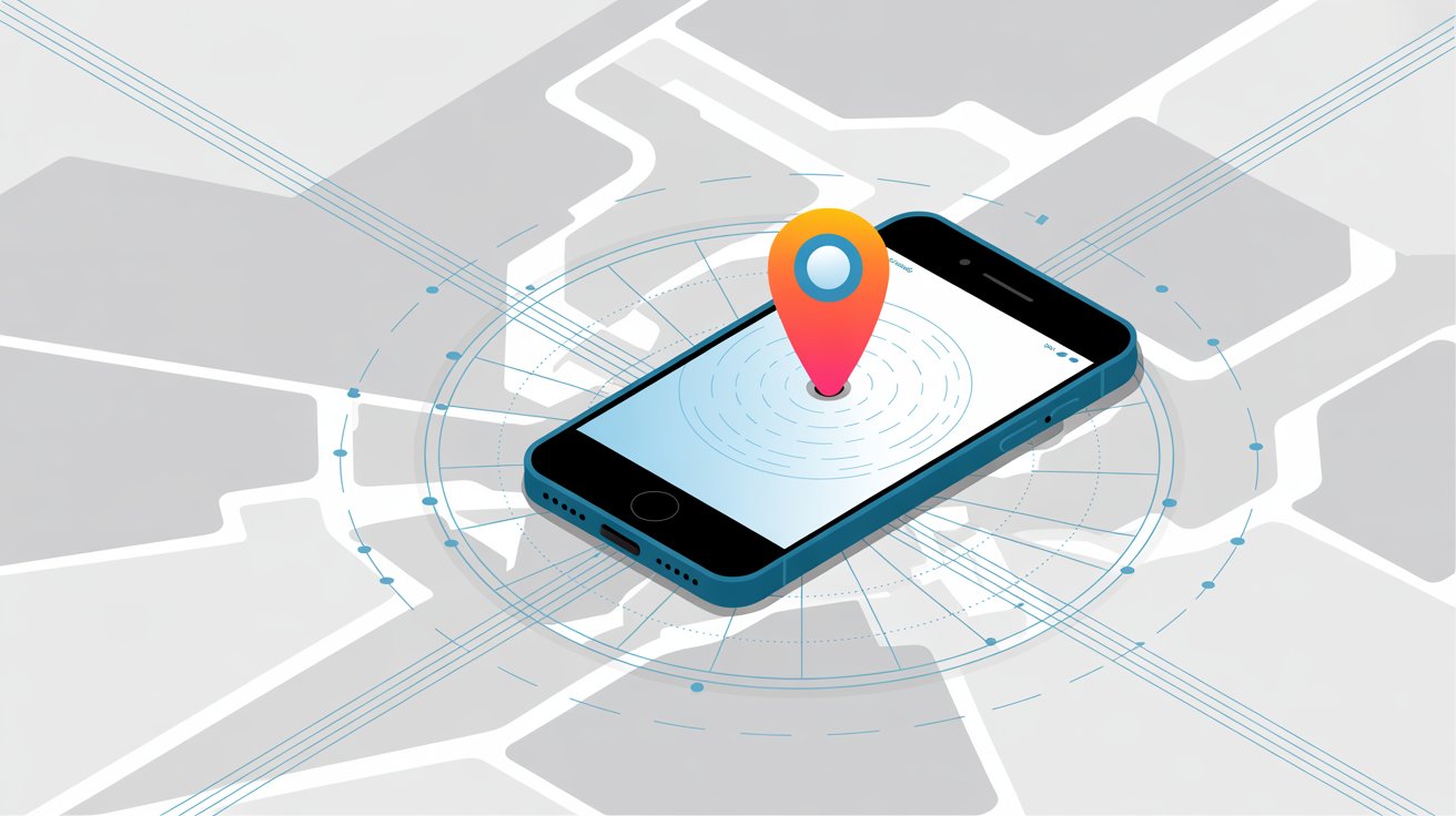 Mapa digital com um smartphone no centro sendo rastreado por GPS.