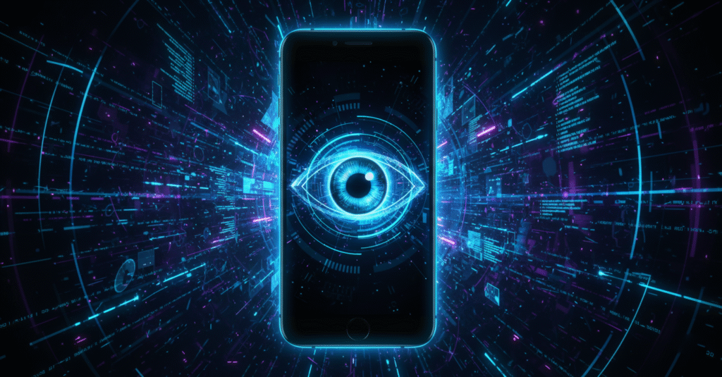 Um Celular com um olho digital holográfico vibrante em sua tela, emitindo um brilho azul e neon. Linhas de código e circuitos tecnológicos flutuam ao redor do dispositivo. O fundo escuro é adornado com efeitos luminosos em azul e roxo, criando uma atmosfera de vigilância e mistério com um estilo moderno e tecnológico.