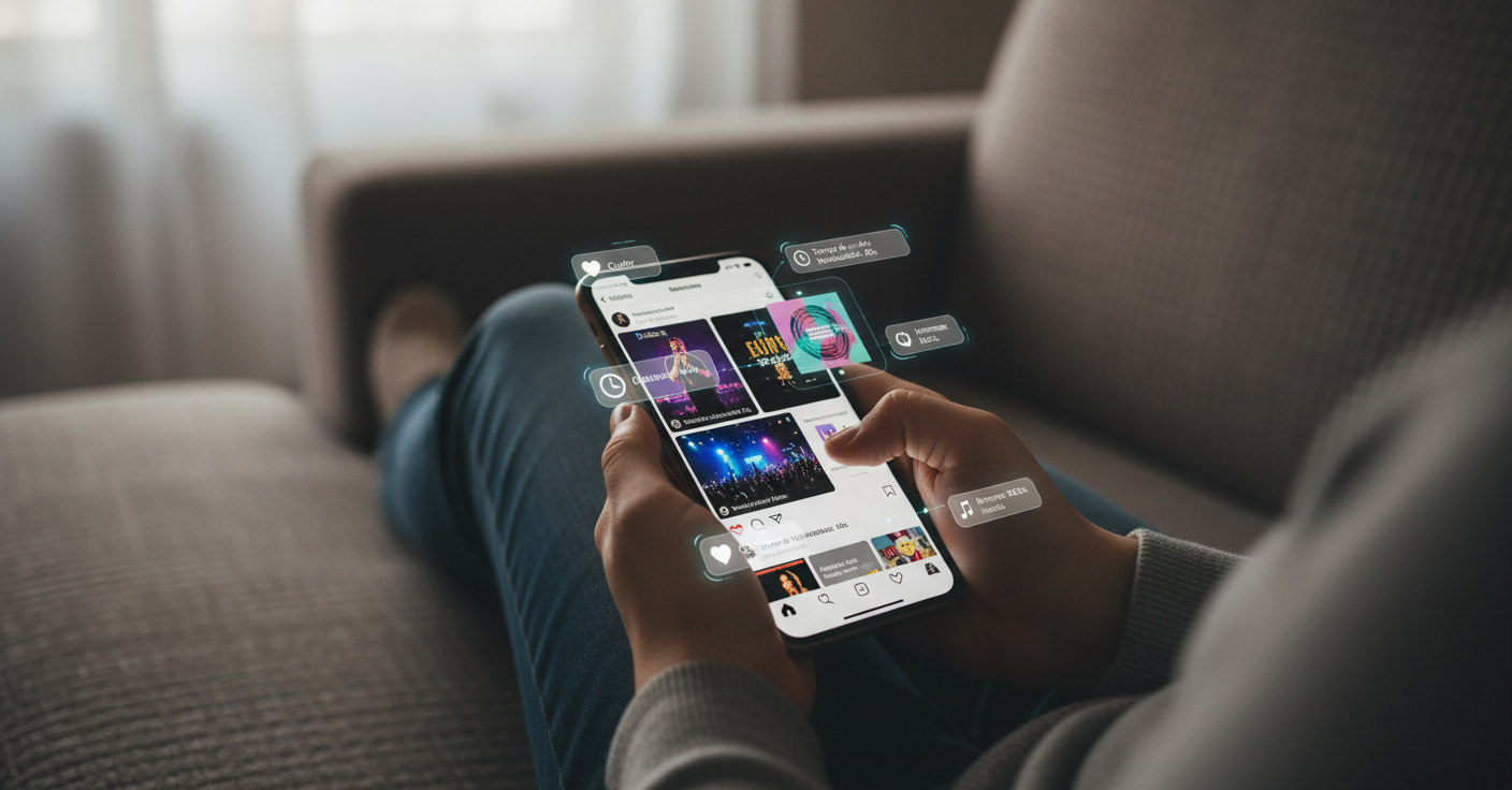 Celular exibindo feed do Instagram. Sobreposição digital de ícones de análise de IA, como 'Curtir', 'Tempo de Visualização' e 'Interesse: Música', ilustrando a coleta de dados em tempo real. 