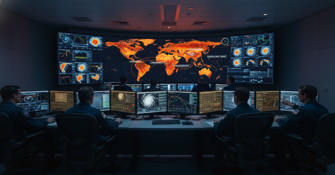 Centro de controle da NASA mostrando o mapa-múndi com alertas de incêndios florestais