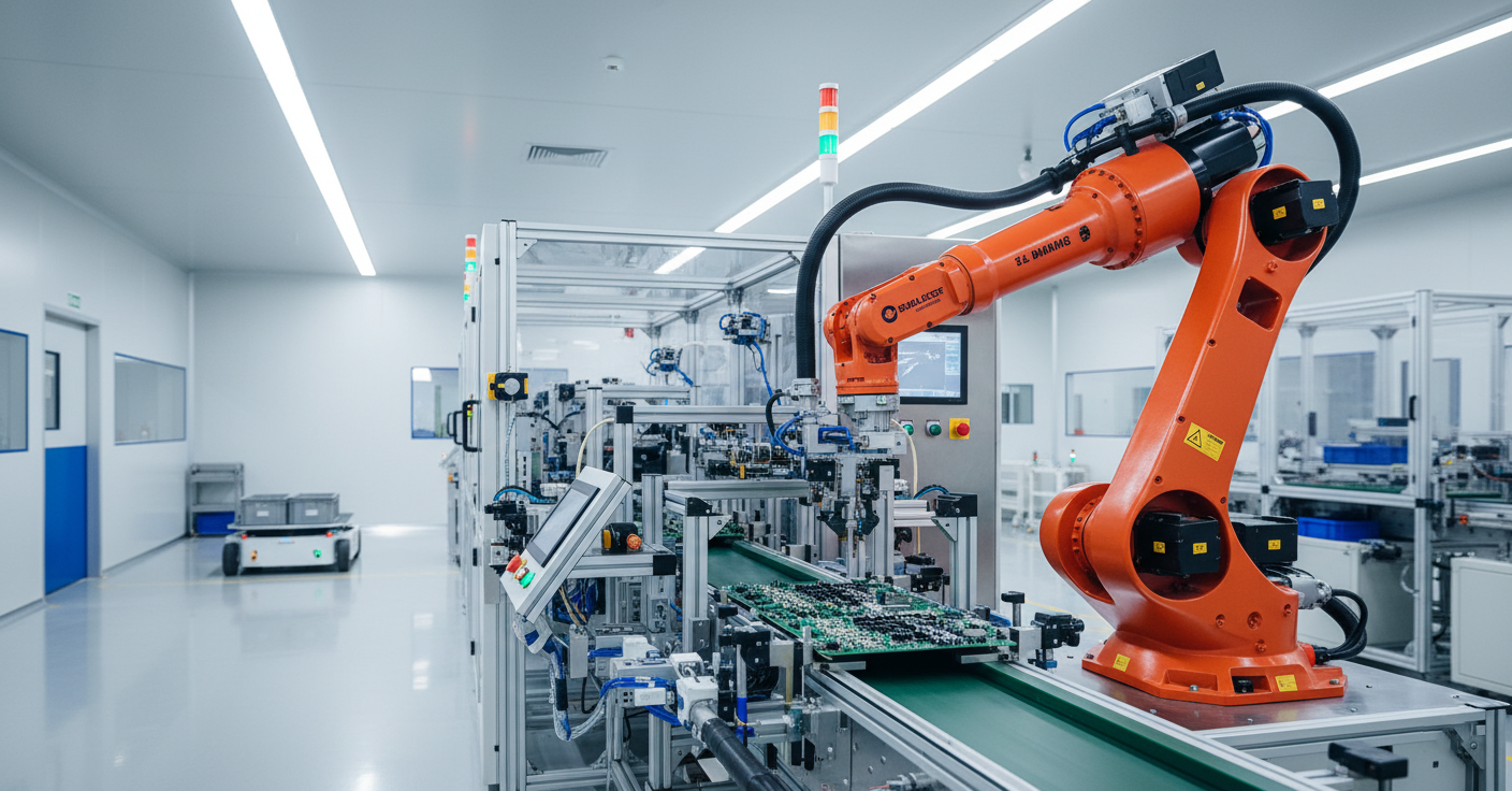 Fábrica inteligente e moderna. Braço robótico industrial laranja realizando a montagem precisa de placa de circuito em linha de produção automatizada. Ao fundo, robô móvel autônomo (AMR) transporta materiais. 