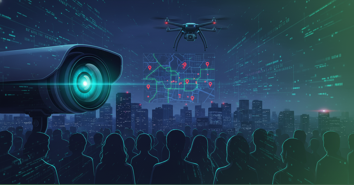 IA na Segurança Pública: Ilustração futurista de tecnologia de vigilância com câmera e drone, mostrando reconhecimento facial e análise preditiva de crimes em metrópole noturna.