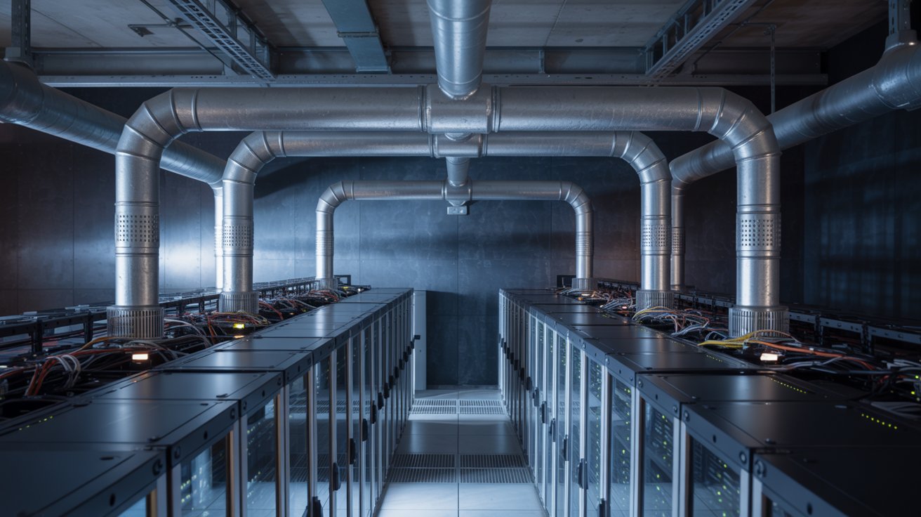 Infraestrutura de refrigeração de um data center com destaque nas tubulações e sistemas de resfriamento.