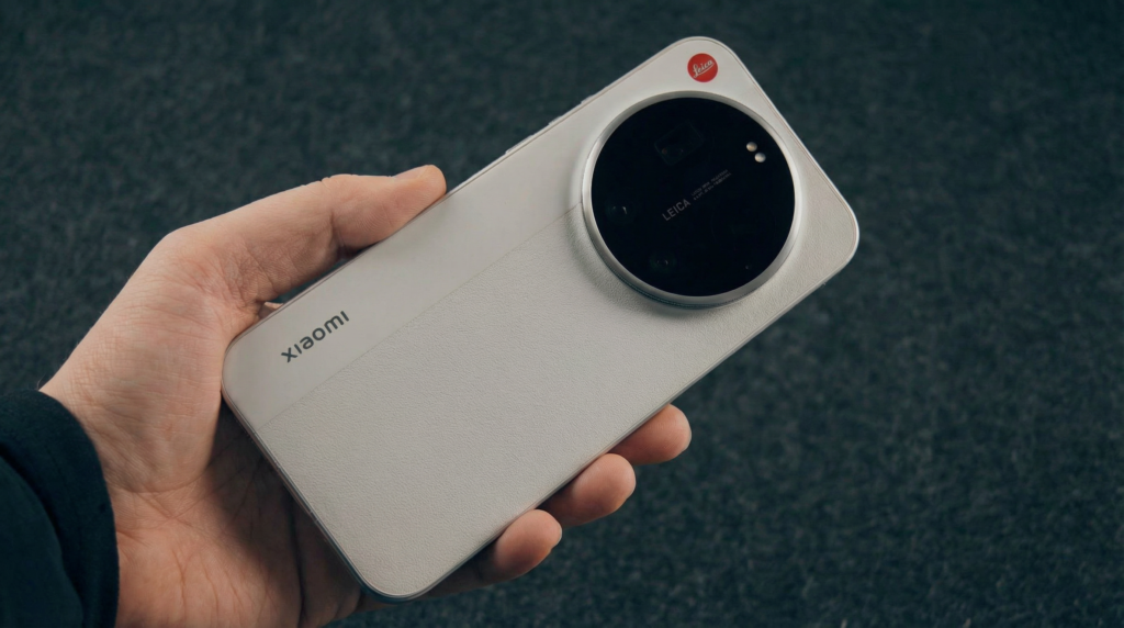 Mão segurando o Xiaomi 17 Ultra by Leica branco com foco no grande módulo de câmera circular e o icônico selo vermelho da Leica no topo.