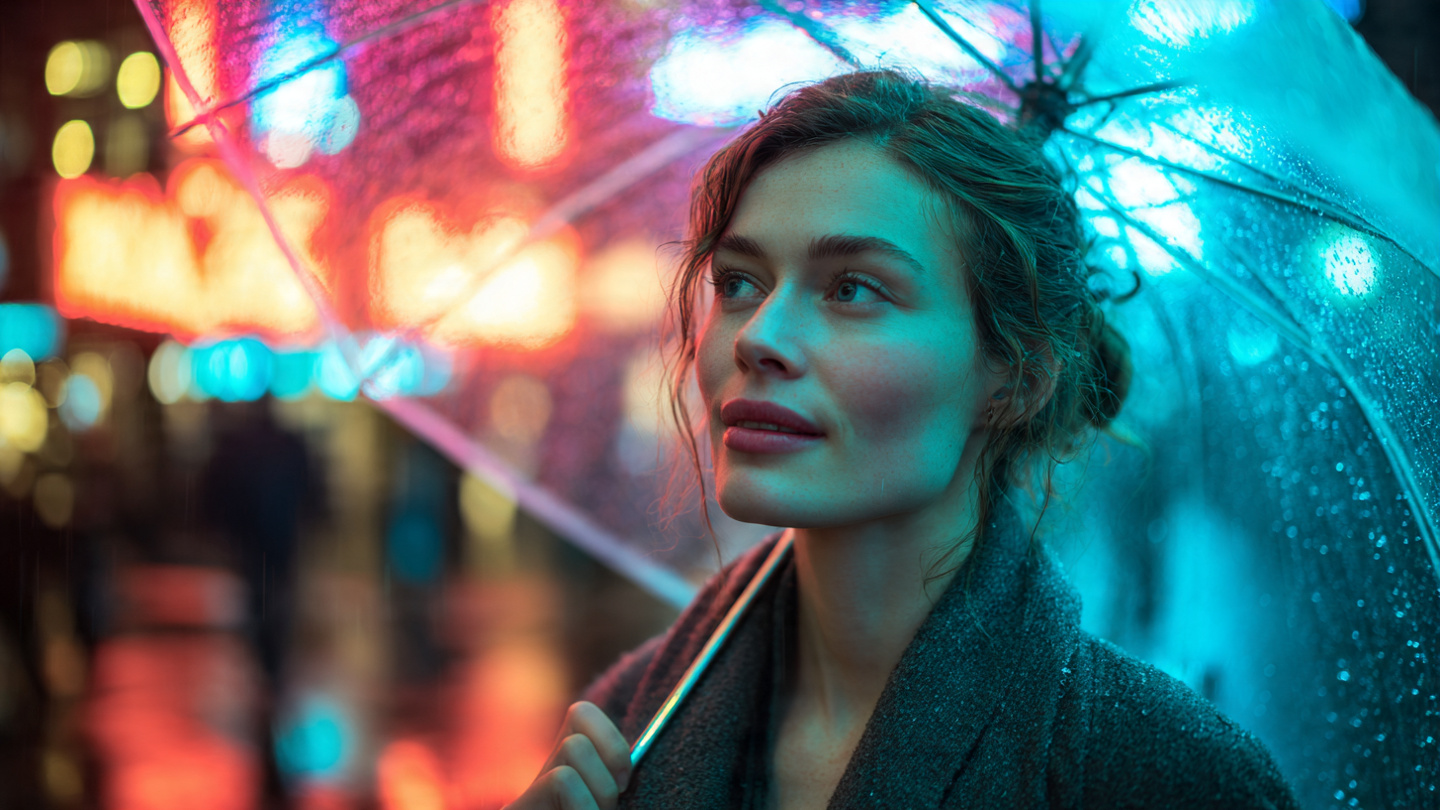 Mulher caminhando com guarda-chuva à noite