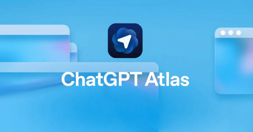 O logotipo do ChatGPT Atlas sobre um fundo azul claro desfocado com elementos de interface de usuário.