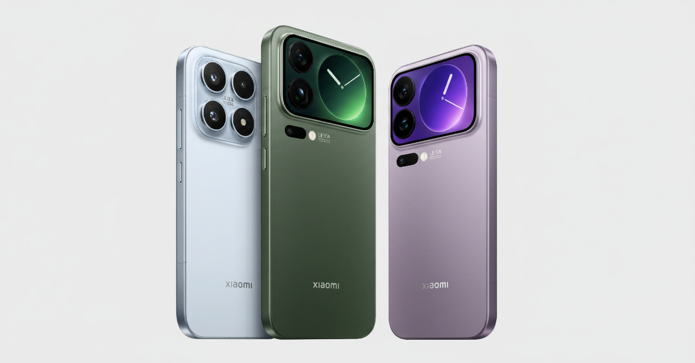 Três versões do Xiaomi 17 em diferentes cores (cinza-azulado, verde-militar e roxo-lavanda), sobre um fundo cinza claro. 