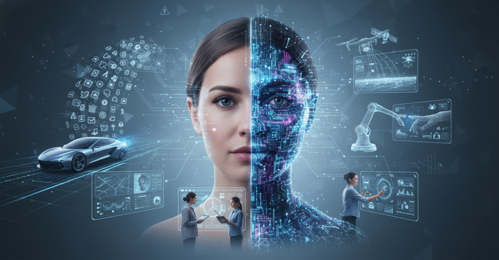 Uma mulher, com metade do rosto composta por circuitos digitais e luzes azuis e roxas, simbolizando a fusão entre humano e Inteligência Artificial. A composição visualmente integrada destaca a presença da IA no cotidiano: carros autônomos e mapas de GPS (transporte), ícones de redes sociais (mundo digital), braço robótico em automação, e um drone monitorando uma paisagem (meio ambiente e segurança).