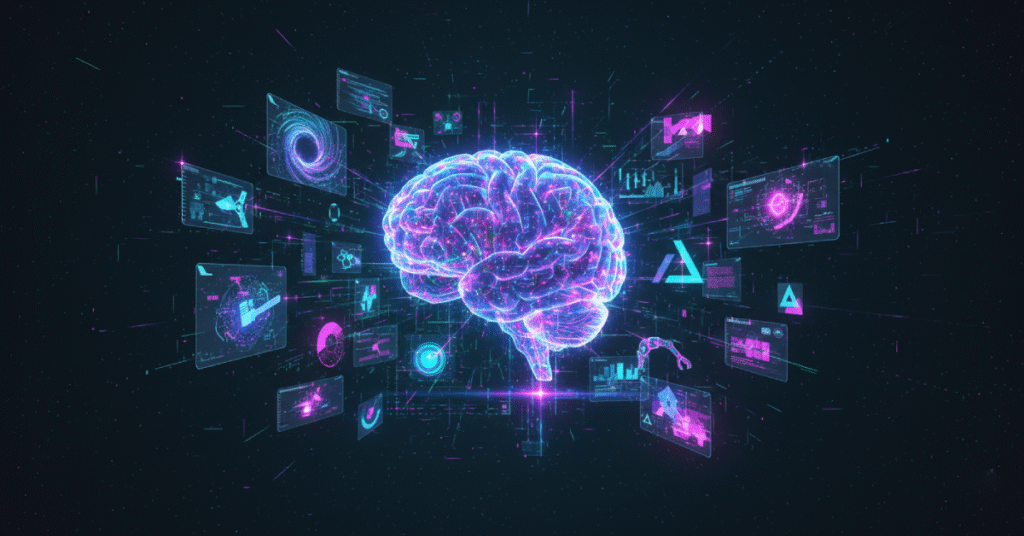 Uma representação futurista de um cérebro digital , em tons de azul e roxo neon, no centro de um fundo escuro e estrelado simbolizando diferentes domínios e aplicações da inteligência artificial