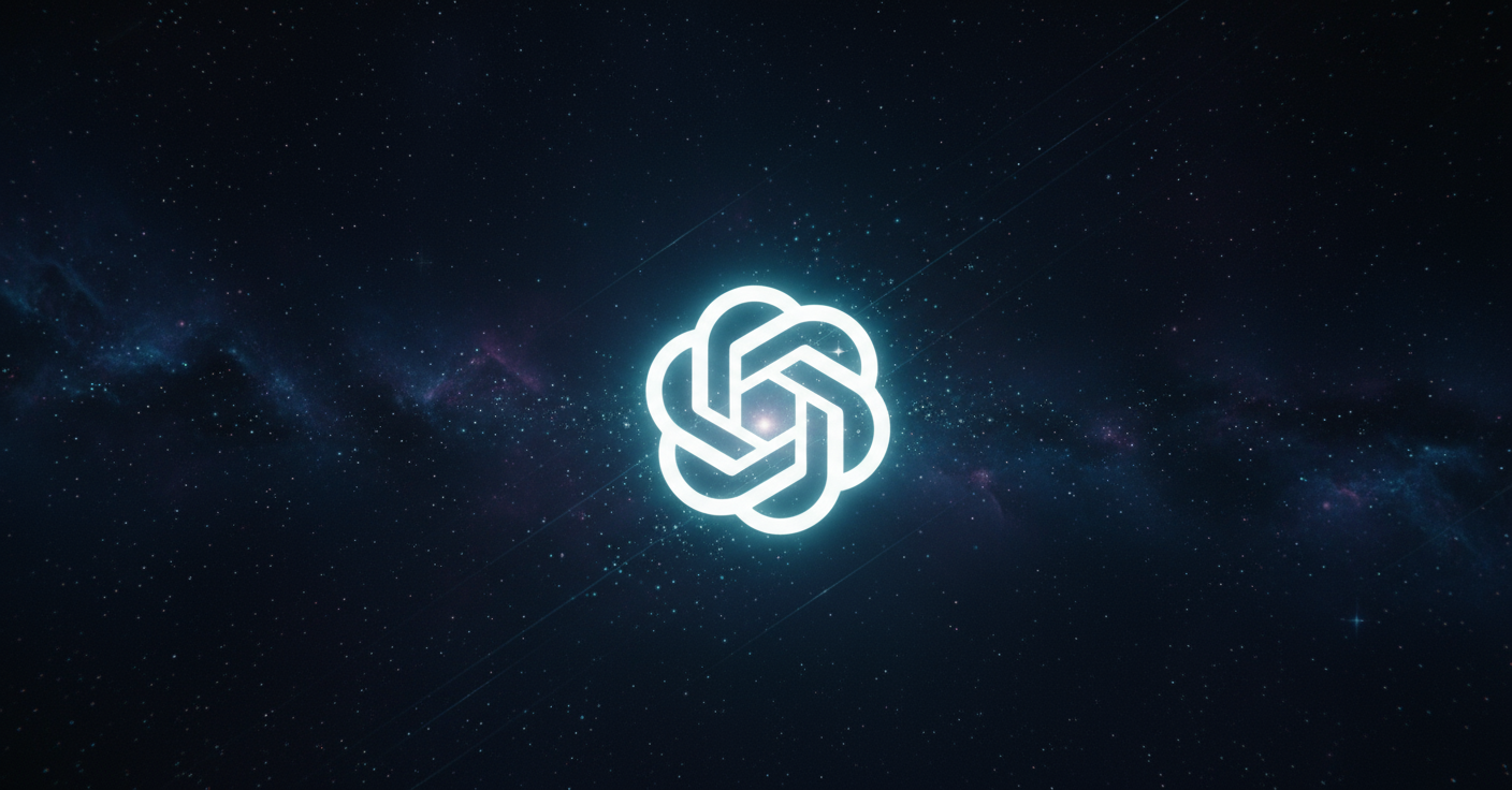 logotipo da OpenAI. O fundo possui inúmeras estrelas brilhantes em tons de azul e roxo, sugerindo uma galáxia. O logotipo brilha suavemente, emitindo uma aura azul-clara que se destaca contra a escuridão cósmica.