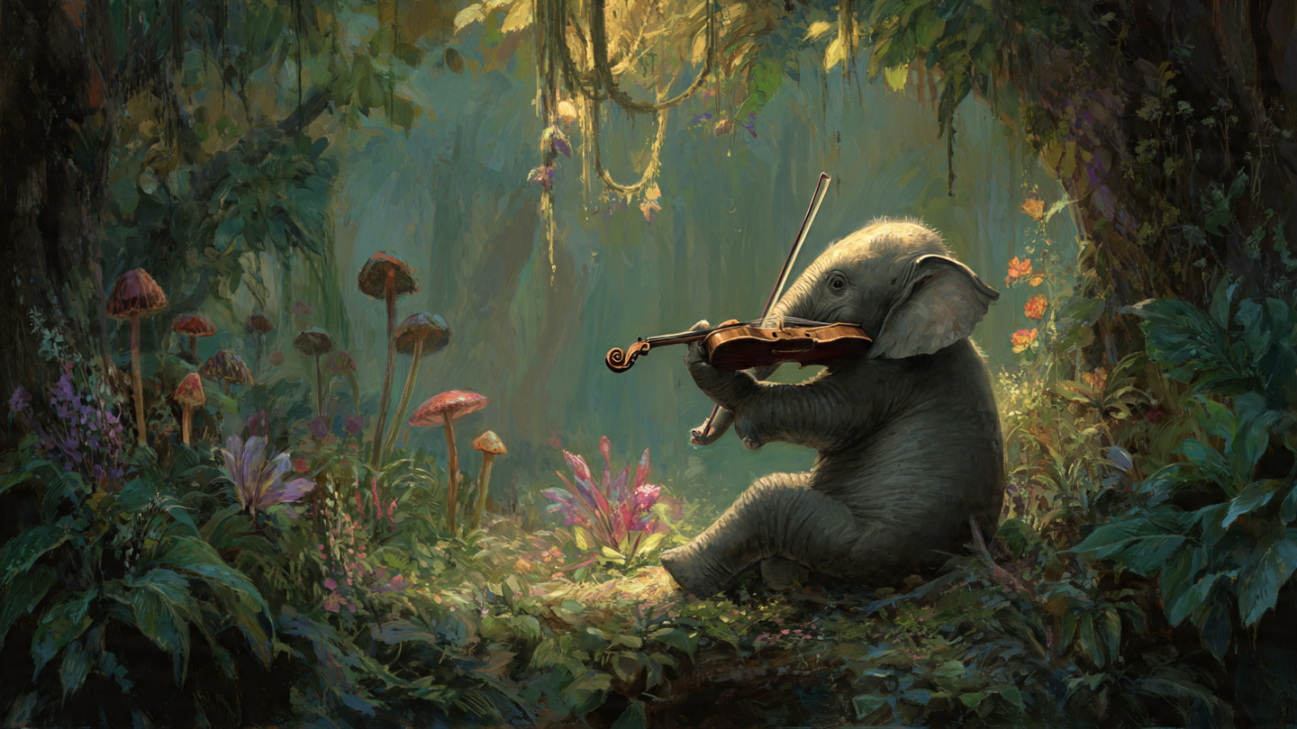 um elefante tocando violino numa floresta encantada