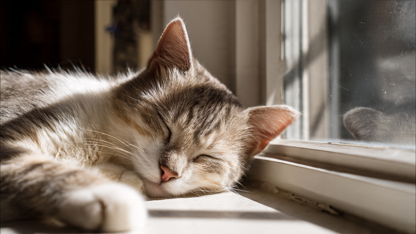um gato dormindo numa janela com sol