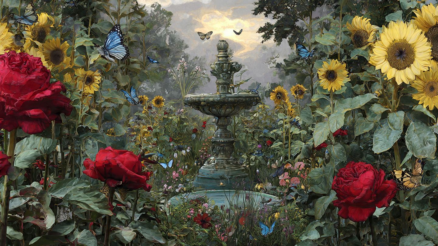 um jardim com rosas vermelhas, girassóis amarelos, uma fonte no centro e borboletas azuis voando