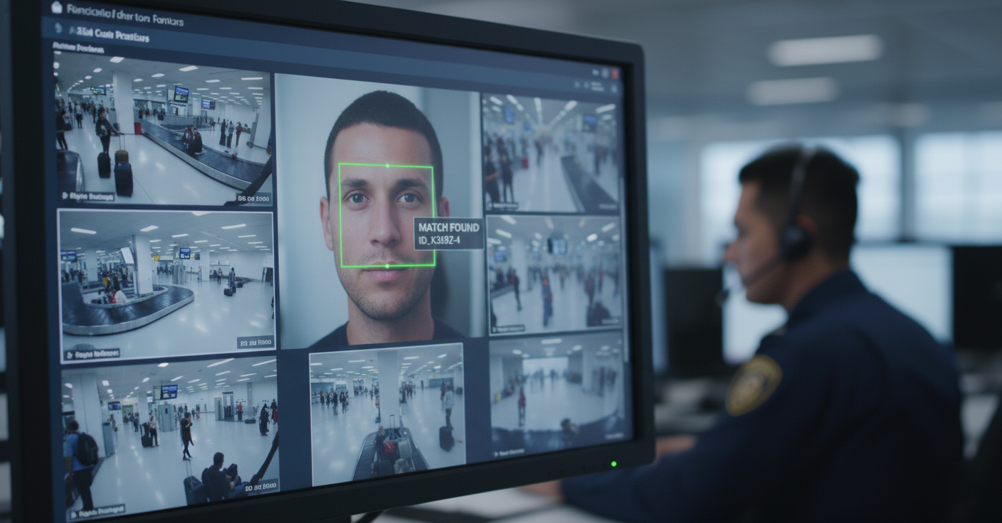 um monitor de segurança em aeroporto, exibindo software de reconhecimento facial. A interface mostra múltiplos feeds de câmeras de vigilância. No feed central, o rosto de um homem é destacado por um retângulo verde. Ao fundo, um operador de segurança de uniforme e headset monitora a tela. 