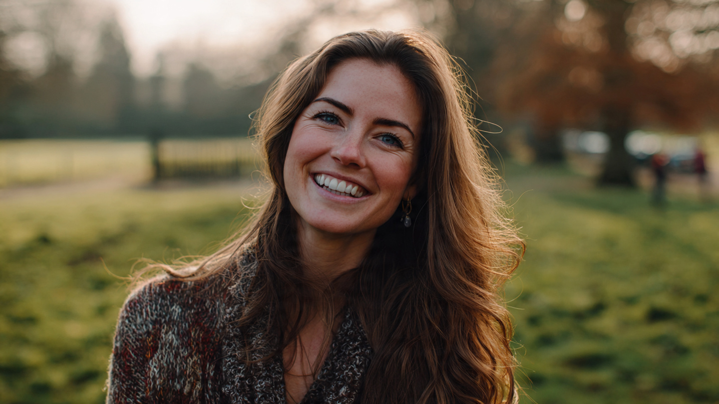 uma mulher sorrindo num parque