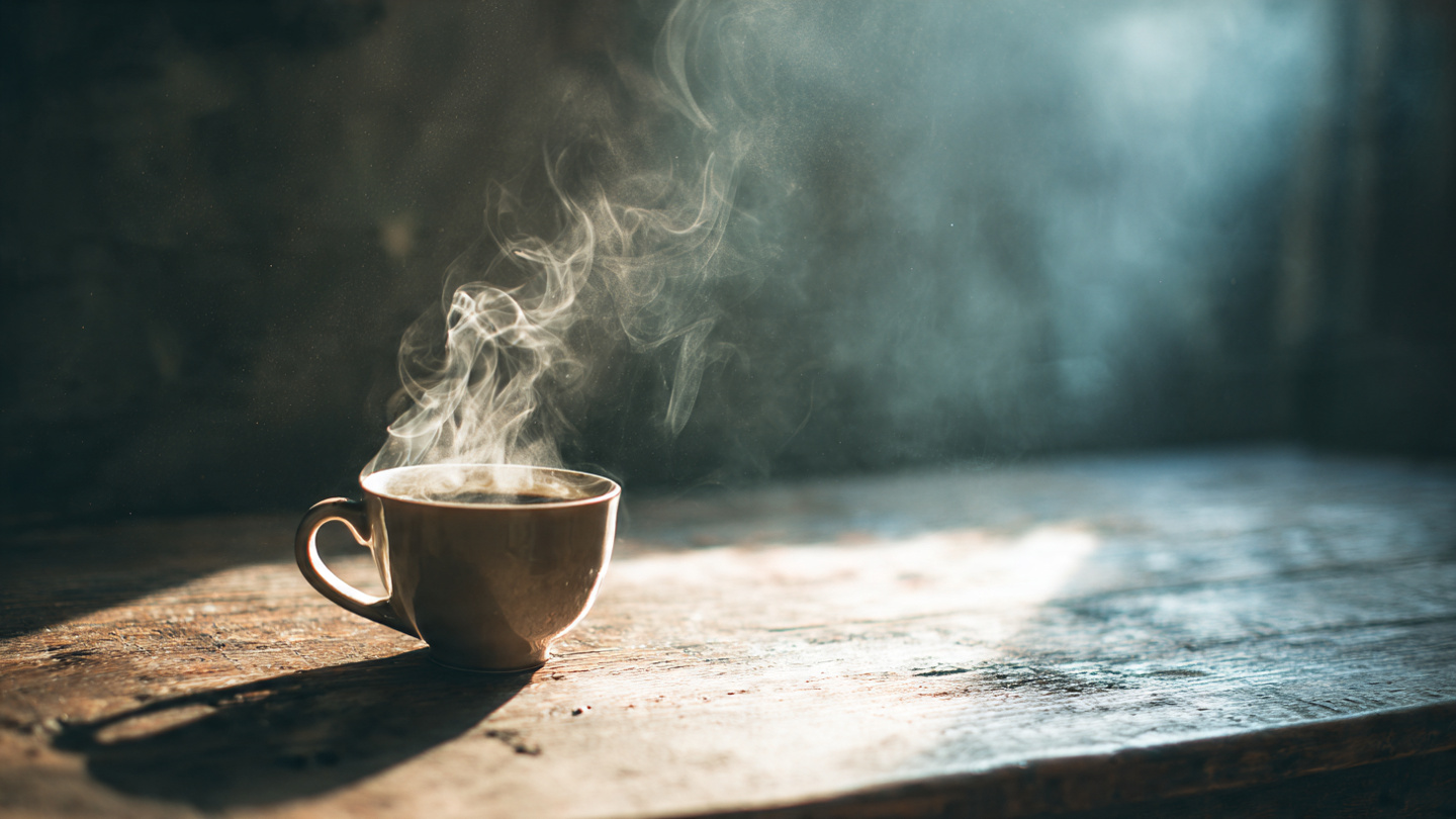 uma xícara de café fumegante numa mesa de madeira