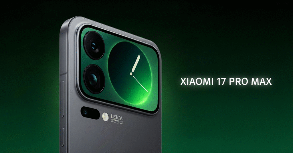 Xiaomi 17 Pro Max cinza escuro. O fundo é um gradiente verde.