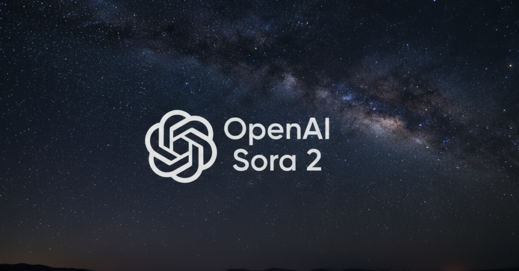 Logo da OpenAI e do Sora 2. O fundo é um céu noturno repleto de estrelas brilhantes.