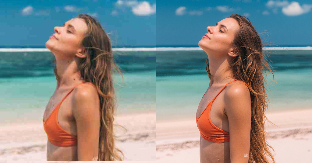 Uma imagem de uma mulher em uma praia. À esquerda, a imagem de baixa resolução. À direita, a mesma imagem aprimorada por IA, mostrando detalhes mais nítidos.