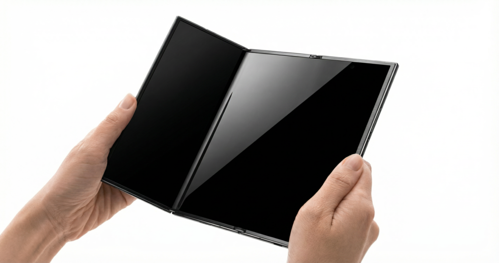 Um smartphone dobrável Galaxy Z TriFold aberto, mostrando sua grande tela de 10 polegadas