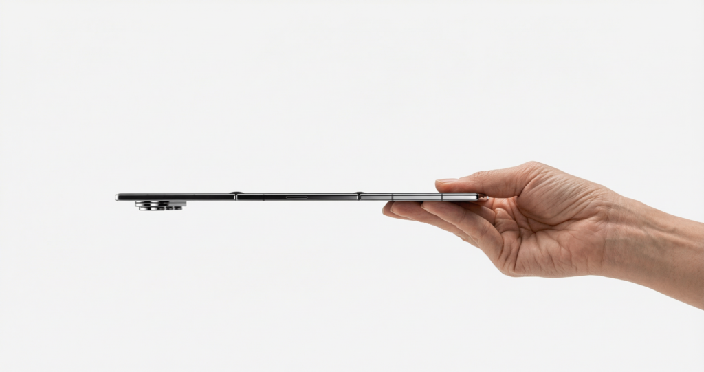 Vista lateral de um Galaxy Z TriFold aberto e muito fino, segurado na horizontal pela mão de uma pessoa contra um fundo branco