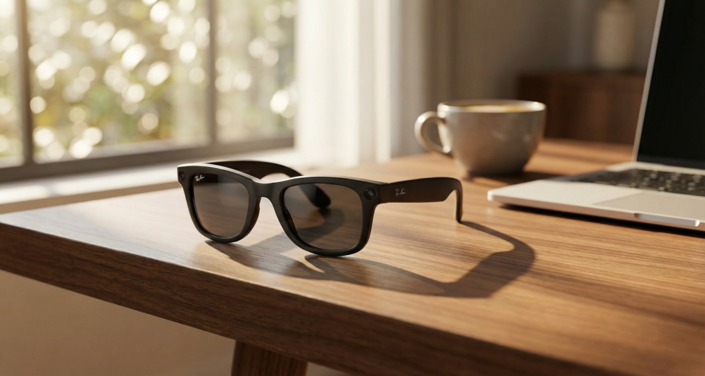 Óculos inteligentes Ray-Ban Meta em mesa de madeira ao lado de um notebook e uma xícara de café