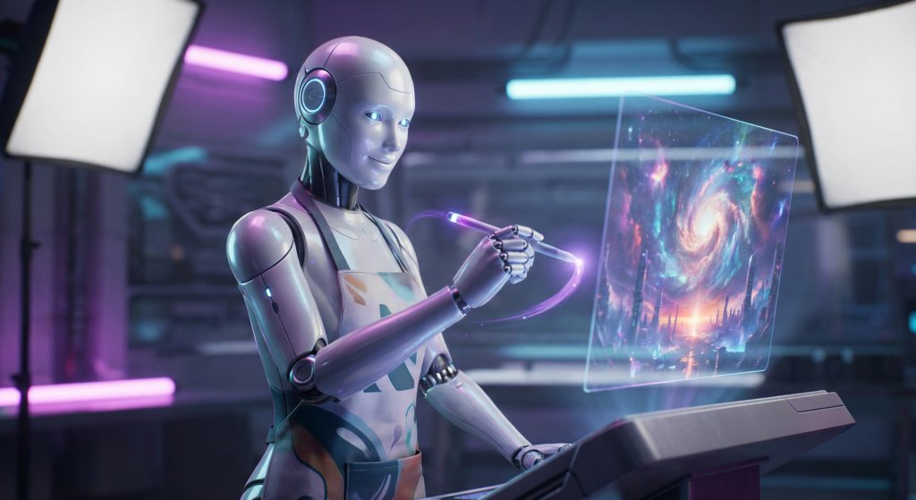 Robô futurista artista pintando em uma tela holográfica com luzes neon, ilustrando as melhores IAs para criar imagem grátis em 2026.