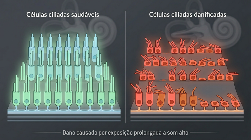 Comparação entre células ciliadas saudáveis e danificadas por exposição a som alto no ouvido interno.