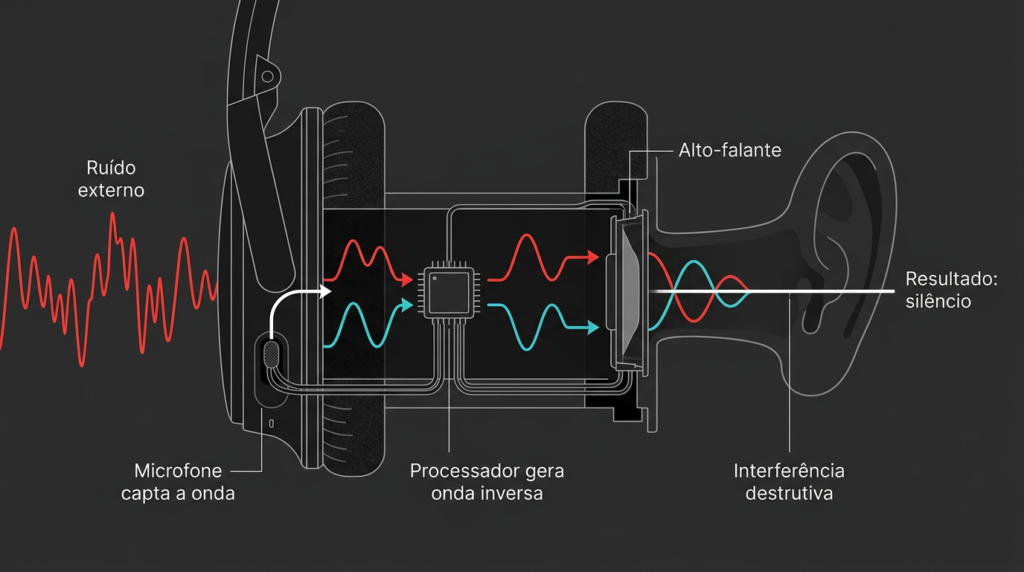 Diagrama explicativo do funcionamento do cancelamento de ruído ativo ANC com ondas sonoras em interferência destrutiva.
