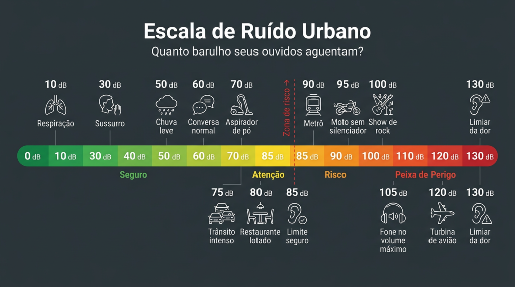 Escala de decibéis com exemplos de ruídos urbanos e seus riscos para a saúde auditiva.