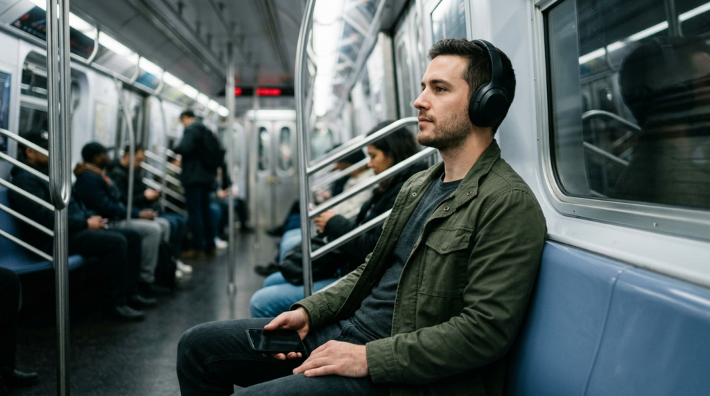 Homem usando fones de ouvido com cancelamento de ruído ativo no mêtro.