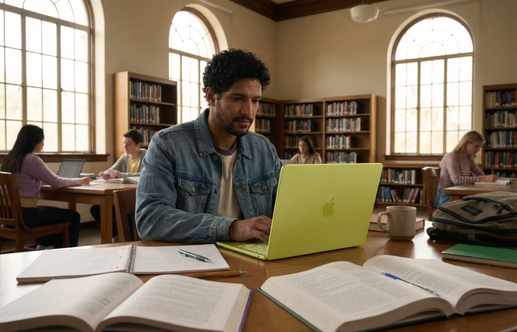 Estudante em uma biblioteca usando um MacBook amarelo.